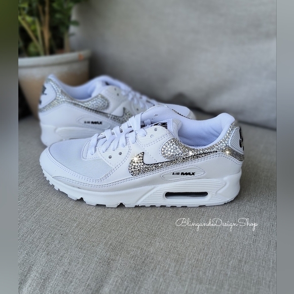 Women's Bling Nike Air Max 90 White Sneakers Shoes made with Swarovski Crystals - Picture 8 of 8